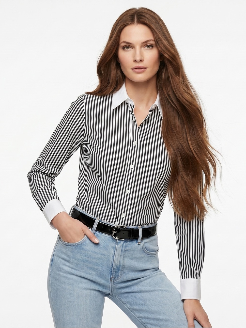 Lauren Ralph Lauren Black Label Black & White Stripe Classic Button Down Top